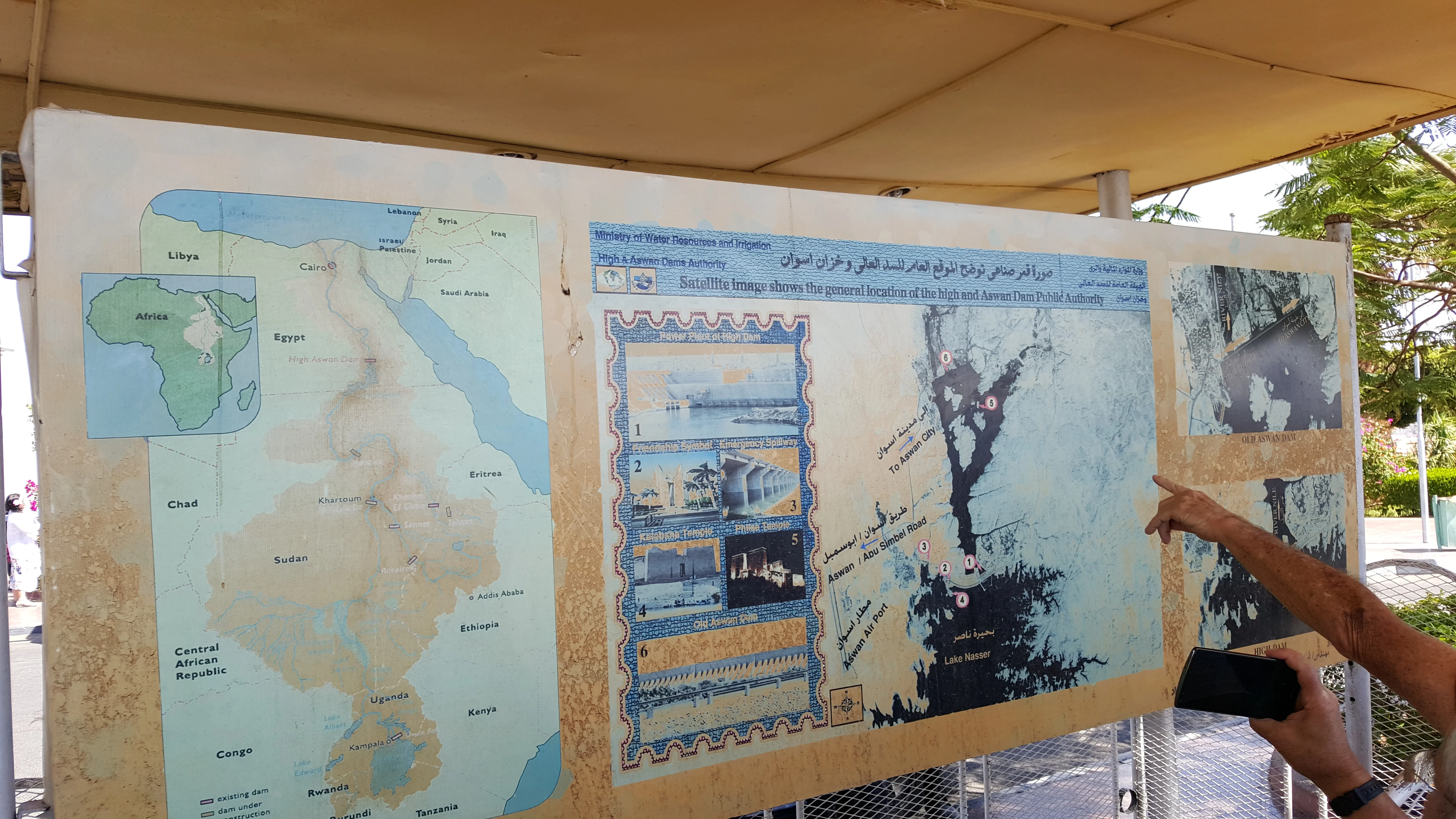 Panoramic aerial view of the Aswan High Dam holding back the waters of Lake Nasser on the Nile